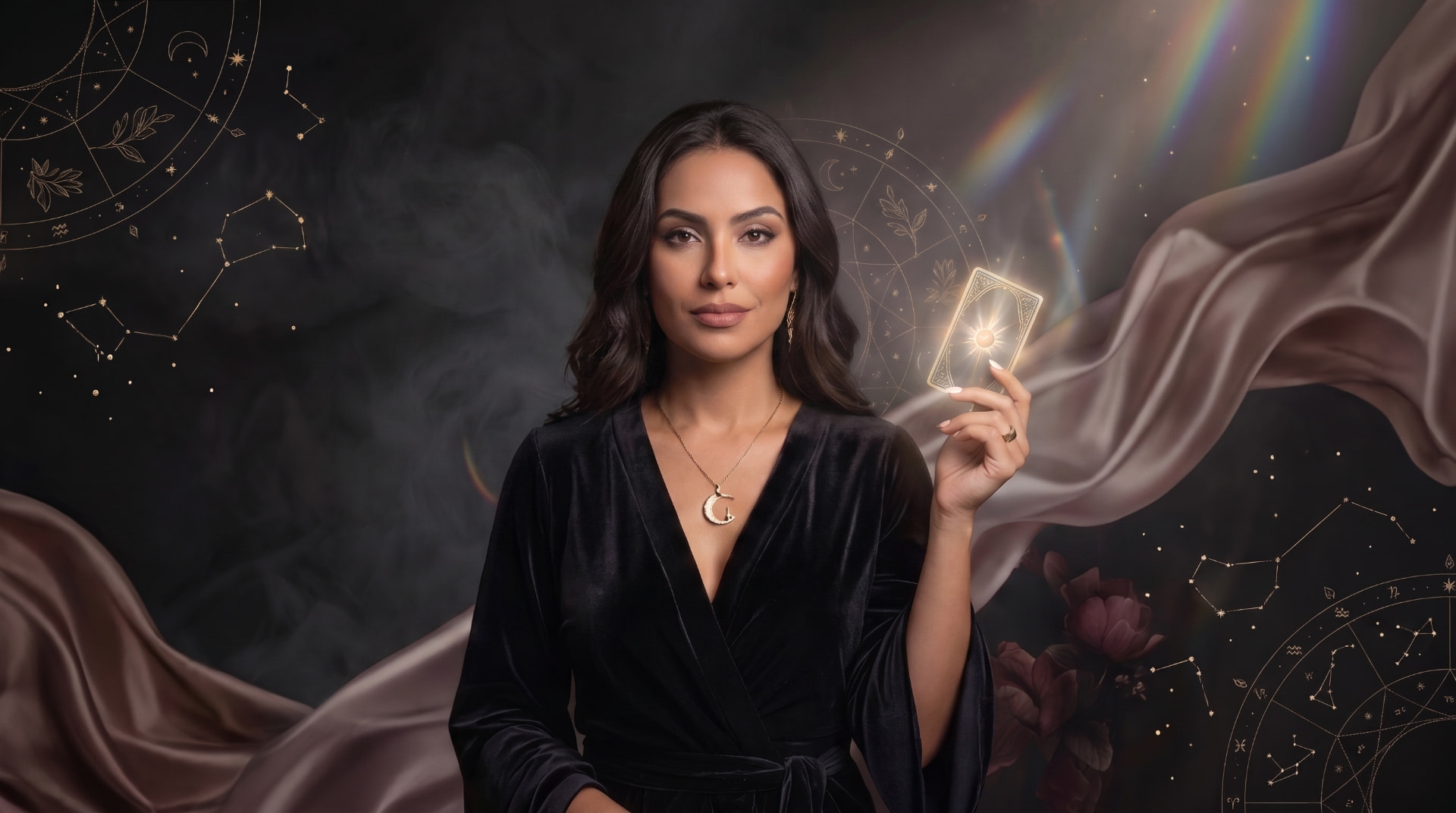 Samira Revela segurando uma carta de tarot iluminada, com constelações douradas ao fundo