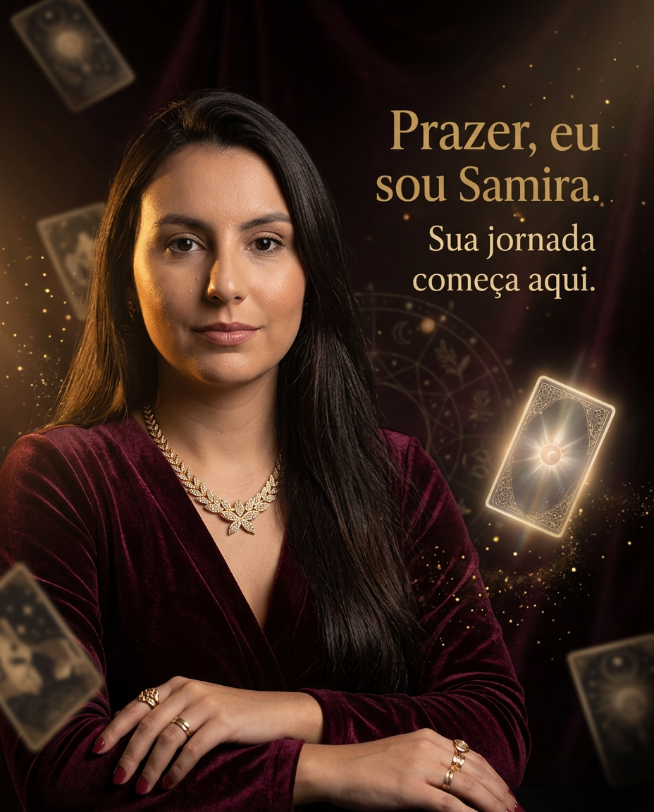 Retrato de Samira Revela com cartas de tarot e detalhes dourados